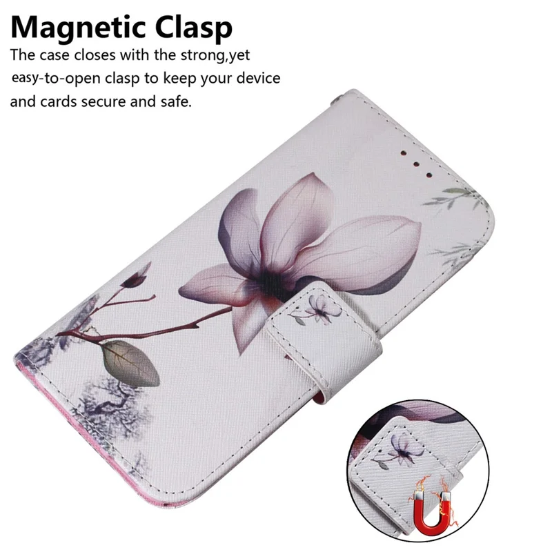For iPhone 15 Pro Wallet Flip Phone Case PU Leather Pattern Printing Stand Magnetic Closure Cover - Pink Flower