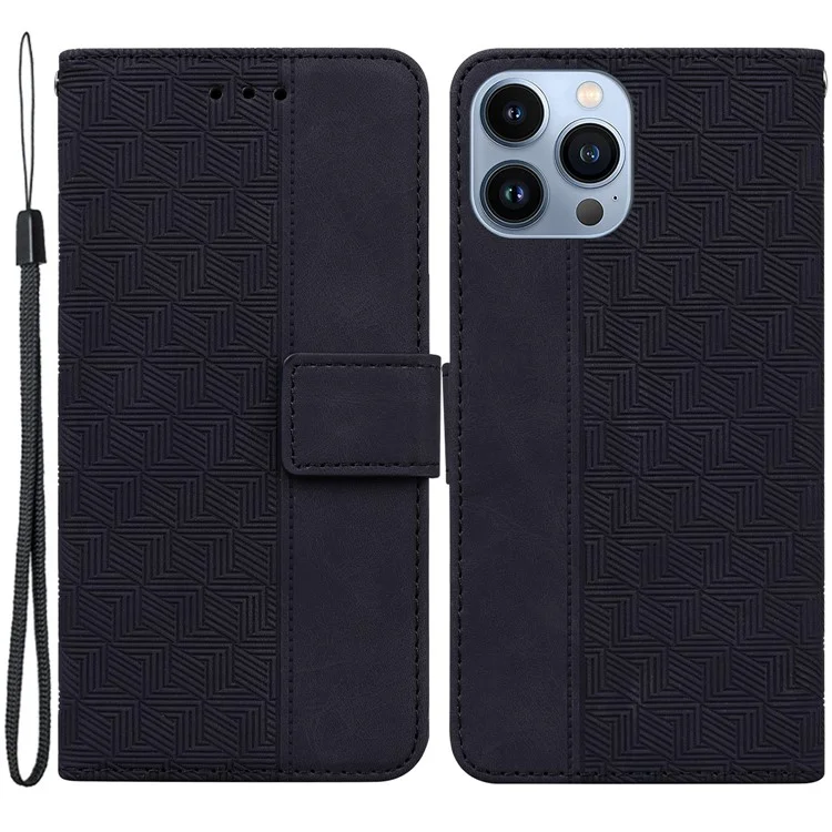 Pour iPhone 15 Pro Geometry Imprinted PU Leather Wallet Stand Phone Shell Mobile Case - Noir