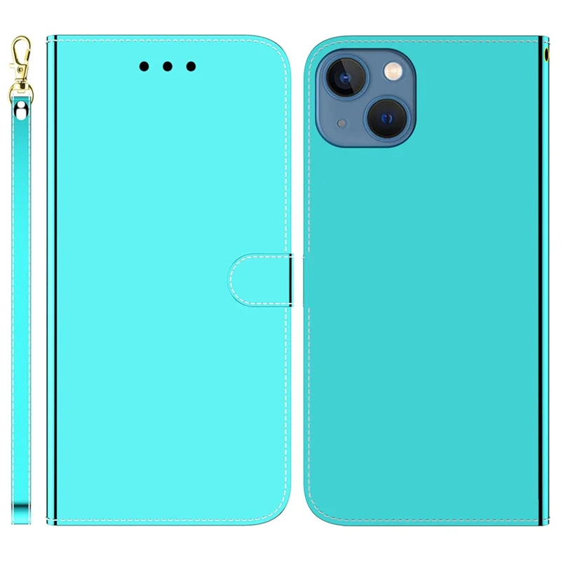 PU Leather Case for iPhone 15 Plus Flip Stand Wallet Mirror-Like Surface Phone Cover - Cyan