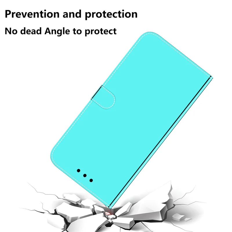 PU Leather Case for iPhone 15 Plus Flip Stand Wallet Mirror-Like Surface Phone Cover - Cyan