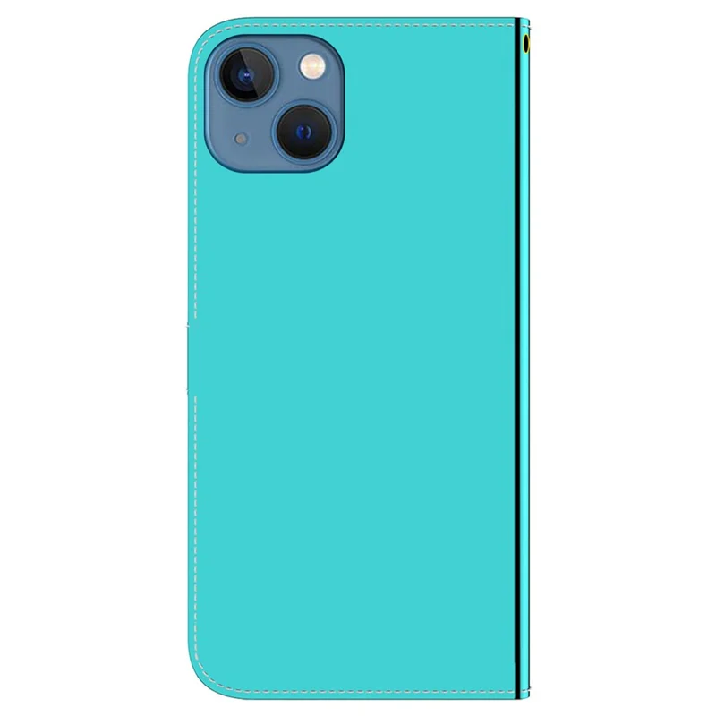 PU Leather Case for iPhone 15 Plus Flip Stand Wallet Mirror-Like Surface Phone Cover - Cyan