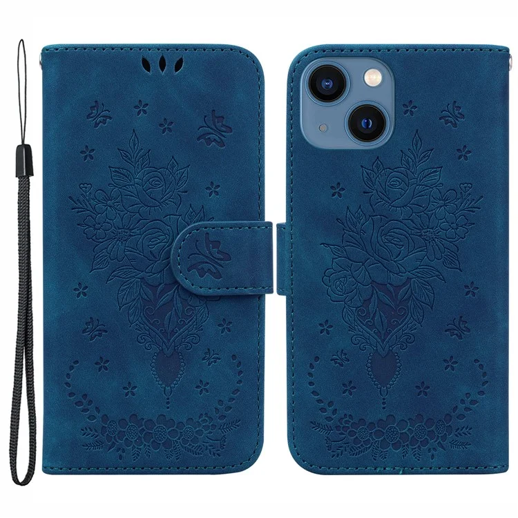Stand Wallet Phone Case für iPhone 15 Plus, Rose Butterfly Imprinted Phone Leather Cover - Blau