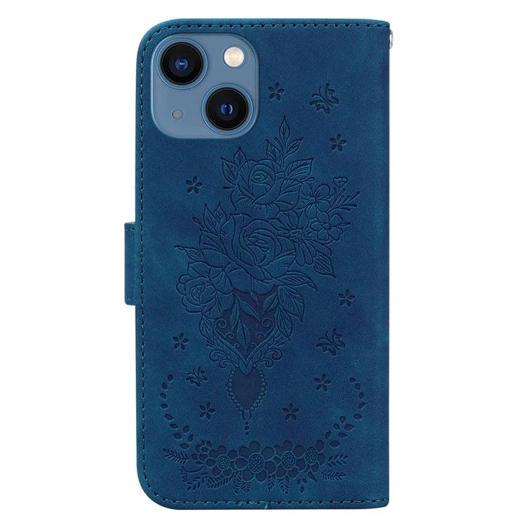 Stand Wallet Phone Case für iPhone 15 Plus, Rose Butterfly Imprinted Phone Leather Cover - Blau
