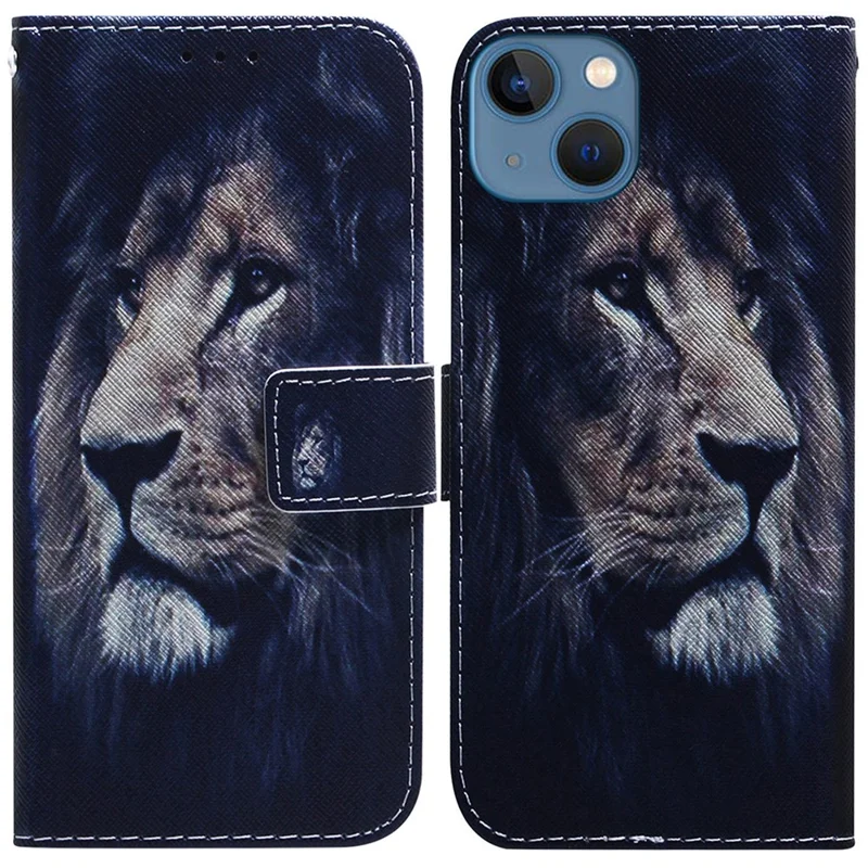 For iPhone 15 Plus Phone Case Pattern Printing PU Leather Stand Flip Wallet Cover - Lion