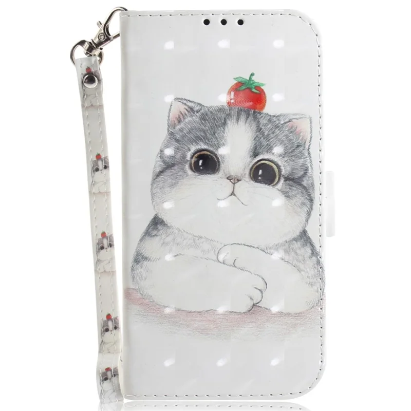 For iPhone 15 Plus PU Leather Fully Wrapped Wallet Cover 3D Pattern Printed Stand Phone Case with Strap - Cute Cat