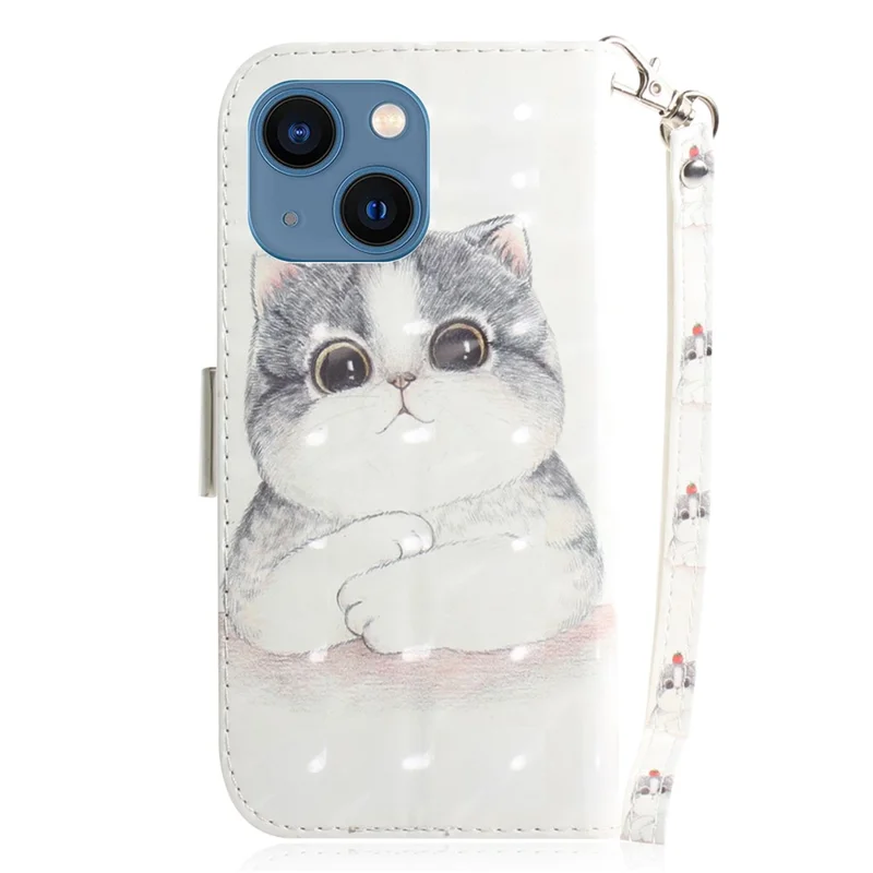 For iPhone 15 Plus PU Leather Fully Wrapped Wallet Cover 3D Pattern Printed Stand Phone Case with Strap - Cute Cat