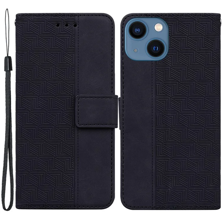 Per iPhone 15 Geometry Imprinted PU Leather Wallet Stand Phone Shell Shockproof Mobile Case - Nero
