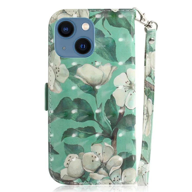 Anti-scratch Wallet Cover for iPhone 15 PU Leather 3D Pattern Printed Stand Phone Case with Strap - Watercolor Flowers