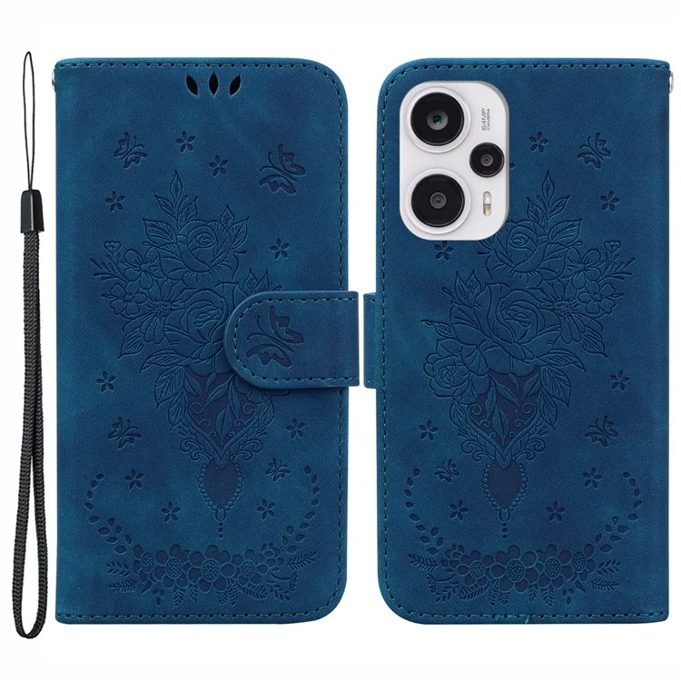 Wallet Case für Xiaomi Redmi Note 12 Turbo / Poco F5 5G, Stand Rose Butterfly Bedrucktes PU-Leder-Handyhülle - Blau