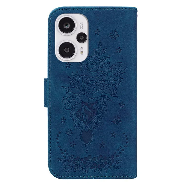 Wallet Case für Xiaomi Redmi Note 12 Turbo / Poco F5 5G, Stand Rose Butterfly Bedrucktes PU-Leder-Handyhülle - Blau