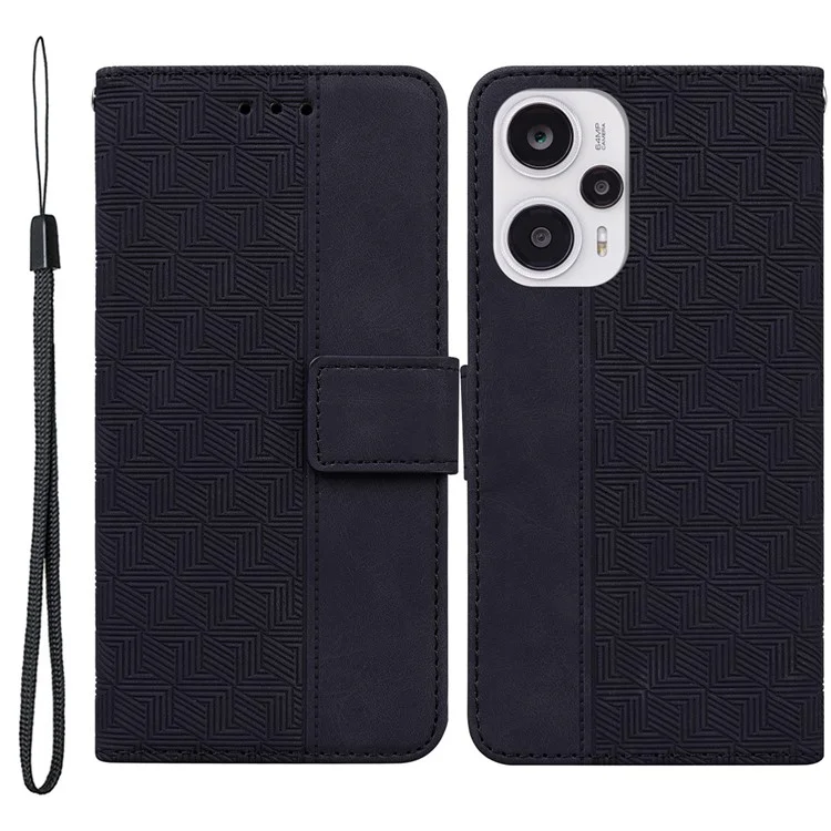 Carteira de Couro para Xiaomi Redmi Note 12 Turbo / Poco F5 5G Geometria Impressa Stand Phone Shell Mobile Case - Preto