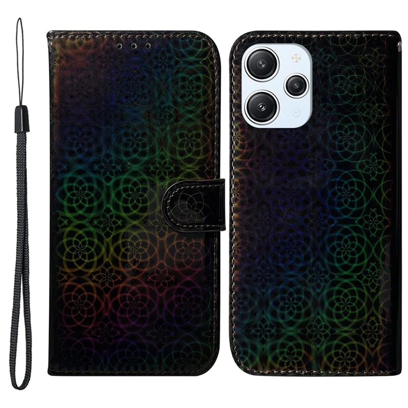 Para Xiaomi Redmi 12 4G Dazzling Flower Pattern Phone Case PU Leather Wallet Stand Cover - Black
