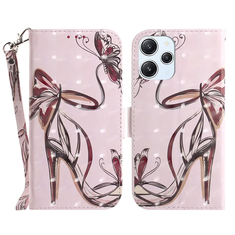 Wallet Phone Case für Xiaomi Redmi 12 4G, 3D-Muster gedruckt PU-Leder-Ständercover mit Riemen - High Heels Schmetterling