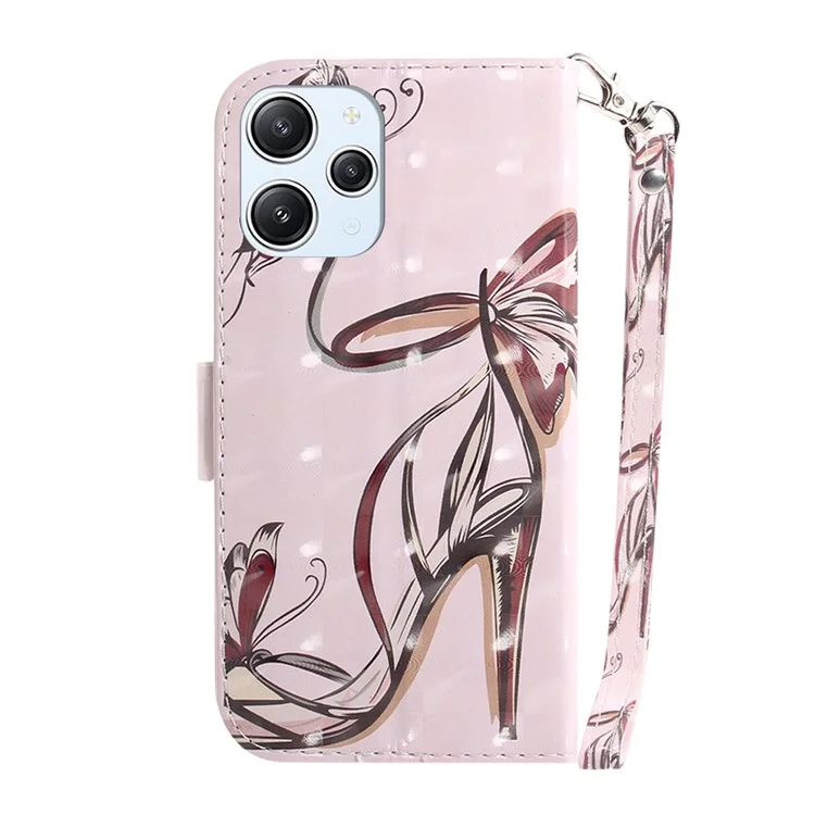 Wallet Phone Case für Xiaomi Redmi 12 4G, 3D-Muster gedruckt PU-Leder-Ständercover mit Riemen - High Heels Schmetterling