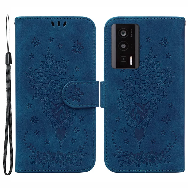 Кошелек-чехол для Xiaomi Poco F5 Pro 5G / Redmi K60 5G / K60 Pro 5G, имитированная под кожу PU-обложка с рисунком розы и бабочек, подставка-держатель - синий