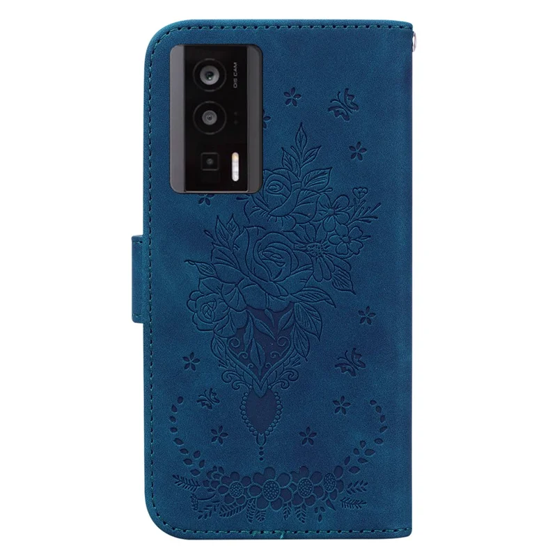 Кошелек-чехол для Xiaomi Poco F5 Pro 5G / Redmi K60 5G / K60 Pro 5G, имитированная под кожу PU-обложка с рисунком розы и бабочек, подставка-держатель - синий