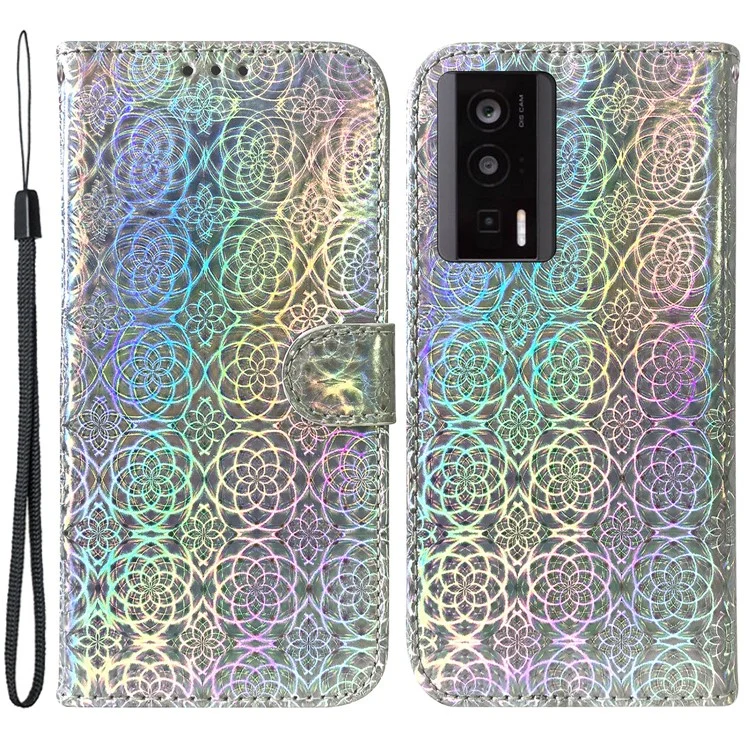 Per Xiaomi Poco F5 Pro 5G / Redmi K60 5G / K60 Pro 5G Custodia in Pelle Motivo Fiore Scintillante Portafoglio Stand Cover - Grigio