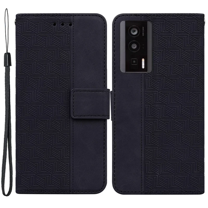 For Xiaomi Poco F5 Pro 5G / Redmi K60 5G / K60 Pro 5G Wallet Phone Case PU Leather Geometry Imprinted Stand Cover - Black