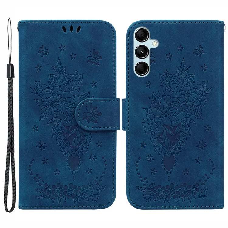 For Samsung Galaxy M54 5G / F54 5G Leather Wallet Stand Phone Case Imprinted Rose Butterfly Shell - Blue