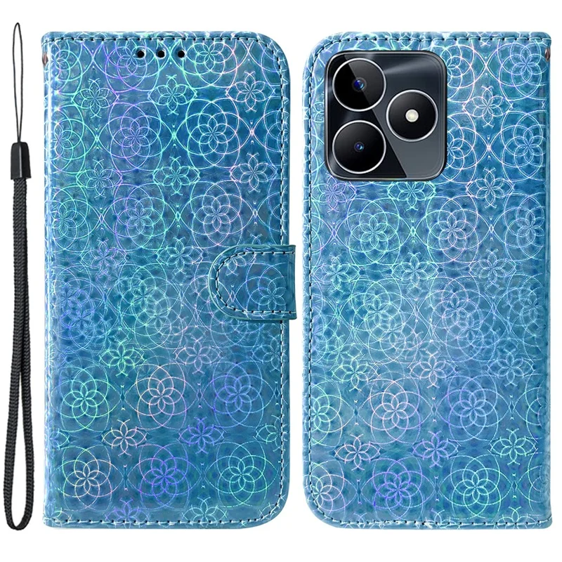 For Realme C53 (Global) / C53 (India) / C51 / Narzo N53 4G Stand Wallet Case Dazzling Flower Pattern Phone Leather Cover - Blue