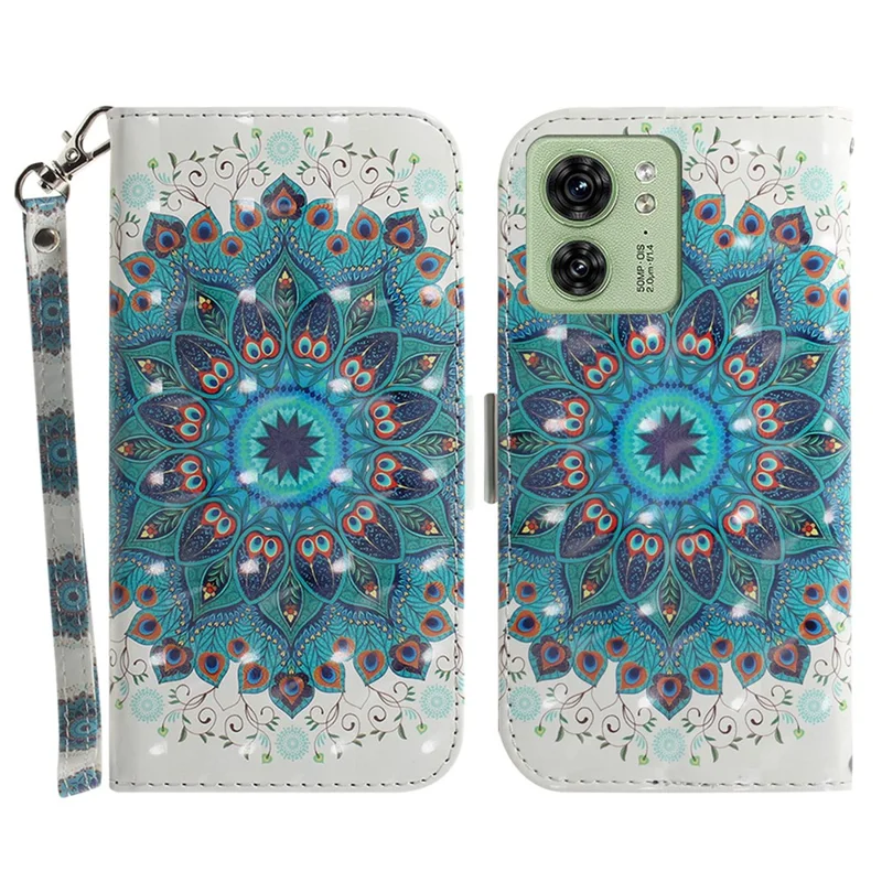 For Motorola Edge 40 5G Wallet Flip Cover PU Leather Printed 3D Pattern Stand Phone Case with Strap - Peacock Wreath