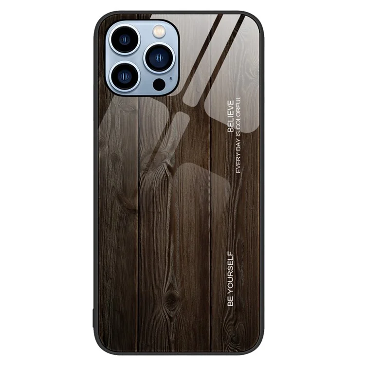 Funda de teléfono con diseño de grano de madera para iPhone 15 Pro Max, cubierta trasera de vidrio templado + marco de TPU - Negro