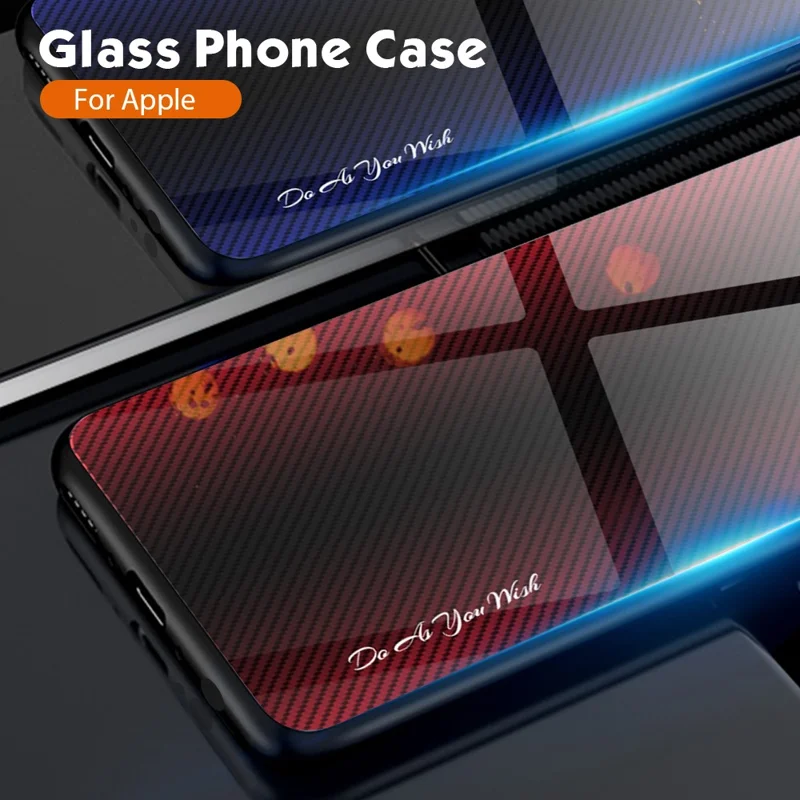 For iPhone 15 Cell Phone Cover Tempered Glass+Soft TPU Phone Case with Carbon Fiber Texture - Baby Blue