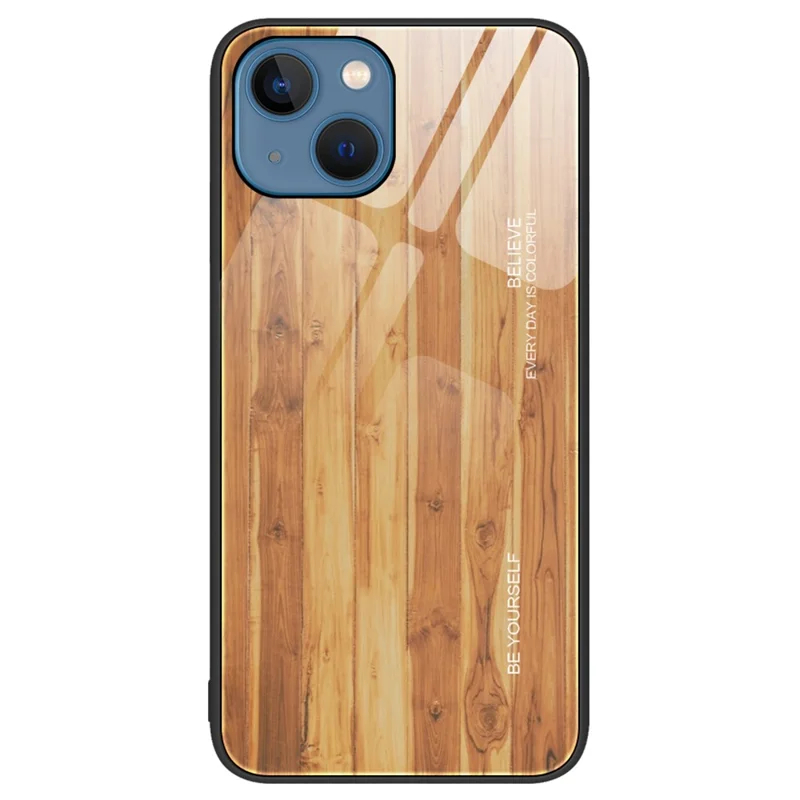 Wood Texture Phone Case for iPhone 15 Plus Tempered Glass + TPU Anti-drop Cover - Brown