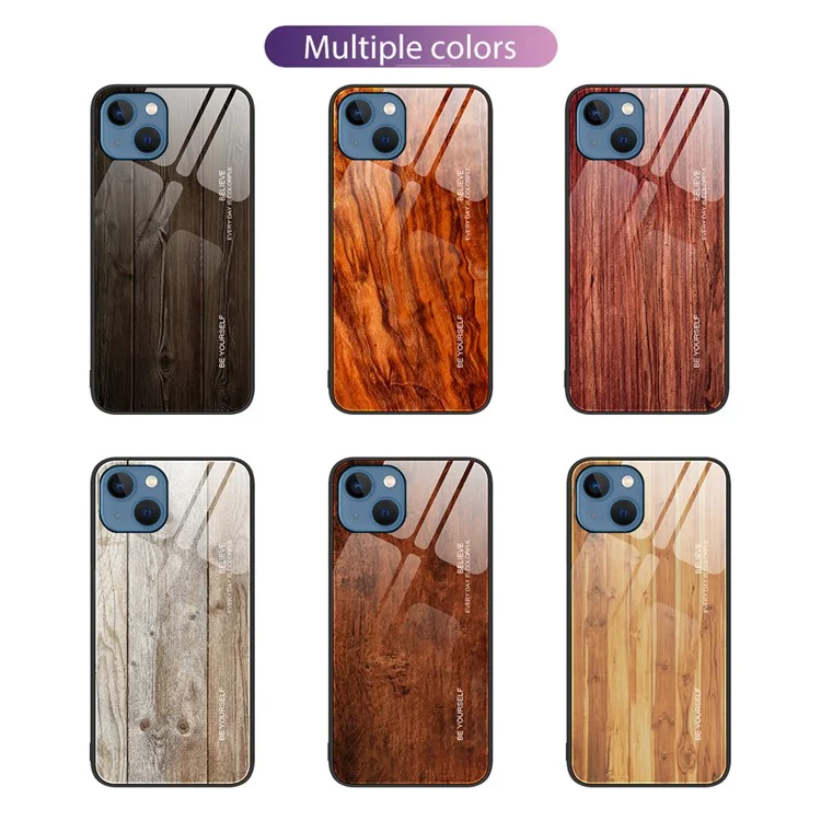Wood Texture Phone Case for iPhone 15 Plus Tempered Glass + TPU Anti-drop Cover - Brown