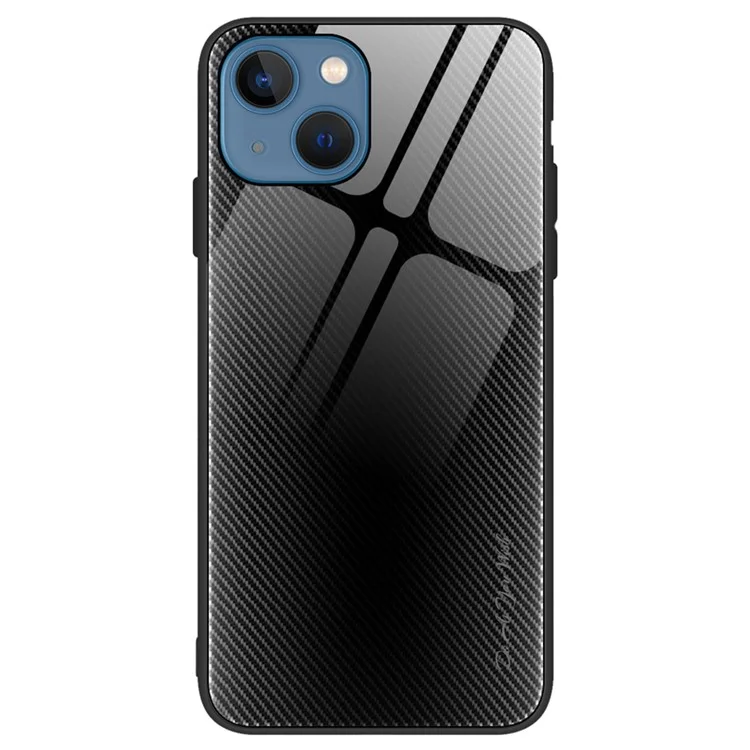 Capa de Telefone para iPhone 15 Plus À prova de choque Textura de Fibra de Carbono Vidro Temperado + Capa de Telefone Suave de TPU - Preto