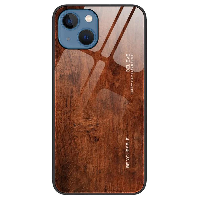 For iPhone 15 Tempered Glass+TPU Drop-proof Cover Wood Grain Pattern Phone Case - Coffee