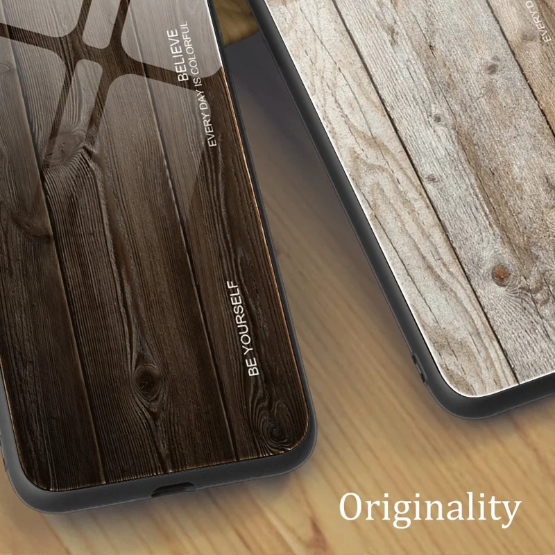 For iPhone 15 Tempered Glass+TPU Drop-proof Cover Wood Grain Pattern Phone Case - Coffee