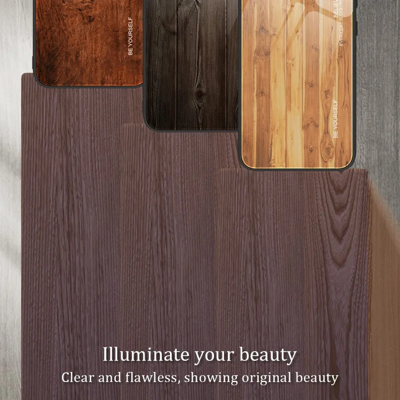 For iPhone 15 Tempered Glass+TPU Drop-proof Cover Wood Grain Pattern Phone Case - Coffee