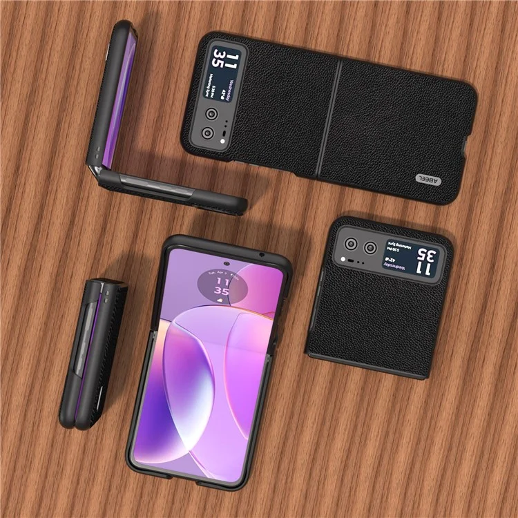 ABEEL для Motorola Razr 40 5G Чехол для телефона с текстурой личи с защитой от ударов, задняя крышка из воловьей кожи + ПК - черный