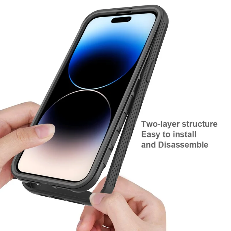 3-in-1 Shockproof Case for iPhone 15 Pro Anti-Scratch TPU+PC iPhone Cover with PET Screen Protector - Black