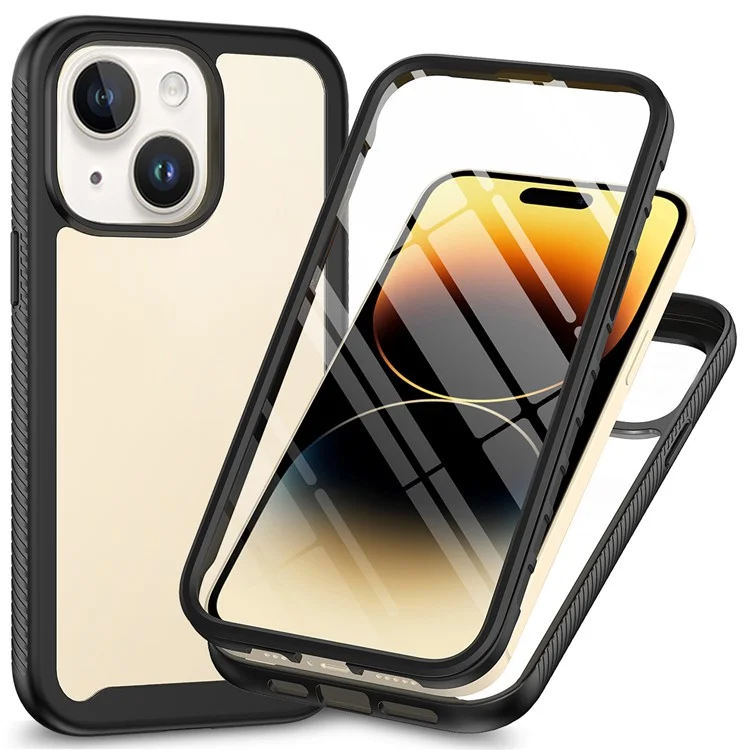 For iPhone 15 Full Protection Phone Case 3-in-1 Anti-Drop TPU+PC Cover with PET Screen Protector - Black