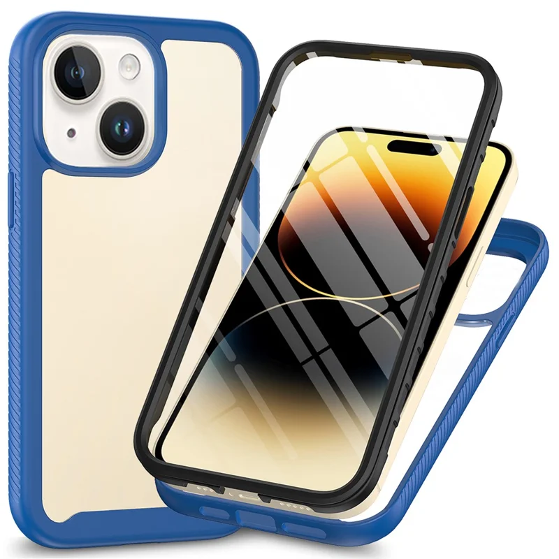Coque de protection complète pour iPhone 15 Étui de protection 3-en-1 Anti-chute TPU+PC avec protection d'écran en PET - Bleu