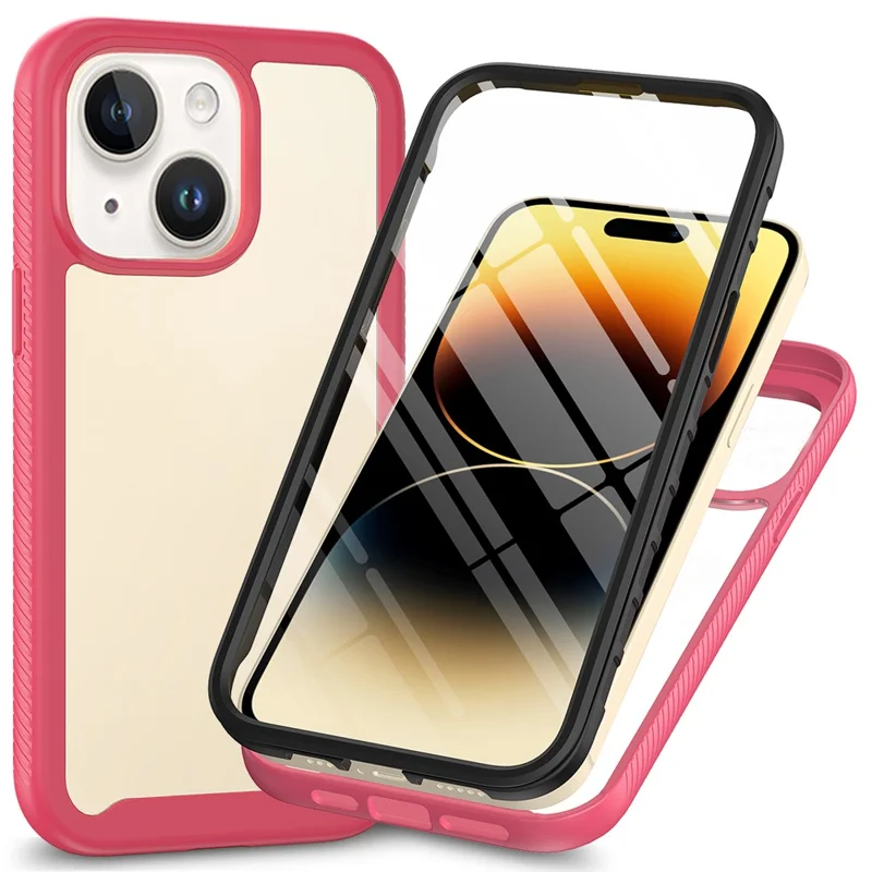 Funda de teléfono de protección completa para iPhone 15 Funda de 3 en 1 Anti-Drop TPU+PC con protector de pantalla PET - Rosa