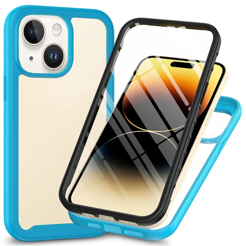 For iPhone 15 Full Protection Phone Case 3-in-1 Anti-Drop TPU+PC Cover with PET Screen Protector - Baby Blue