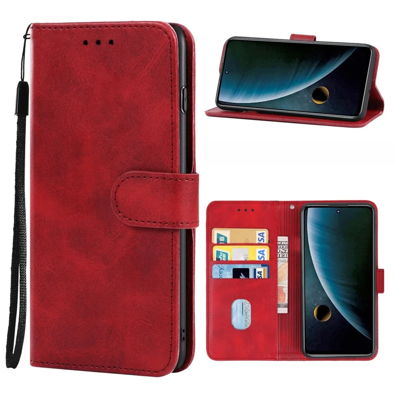 For ZTE Blade V40s 4G PU Leather Wallet Phone Cover Calf Texture Phone Stand Case - Red