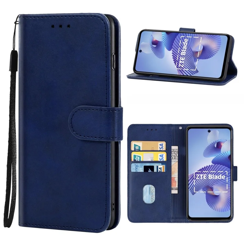 For ZTE Blade V40s 4G PU Leather Wallet Phone Cover Calf Texture Phone Stand Case - Blue