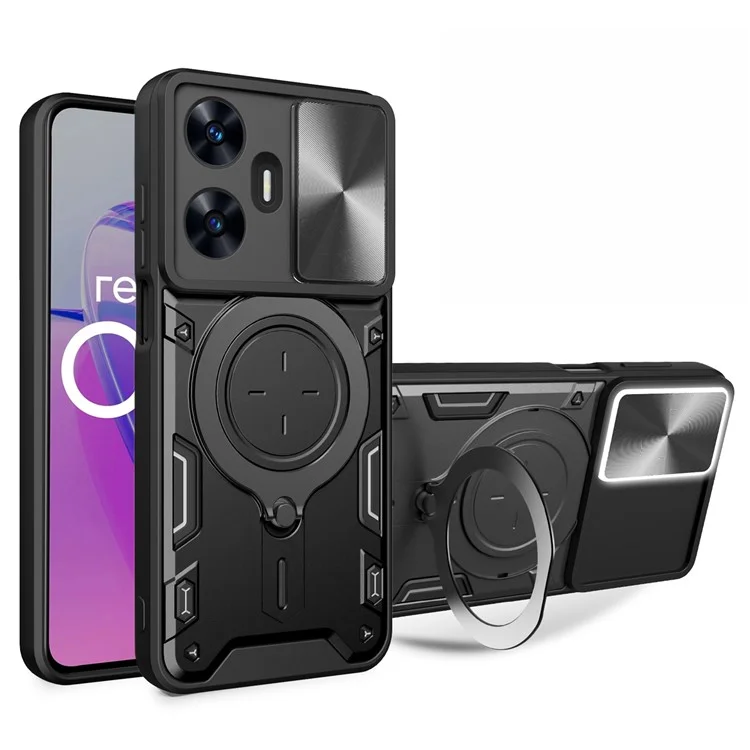 Для Realme C55 4G PC+TPU Kickstand Cover Slide Camera Window Protection Phone Case - Черный