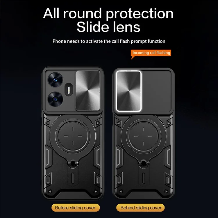 Для Realme C55 4G PC+TPU Kickstand Cover Slide Camera Window Protection Phone Case - Черный
