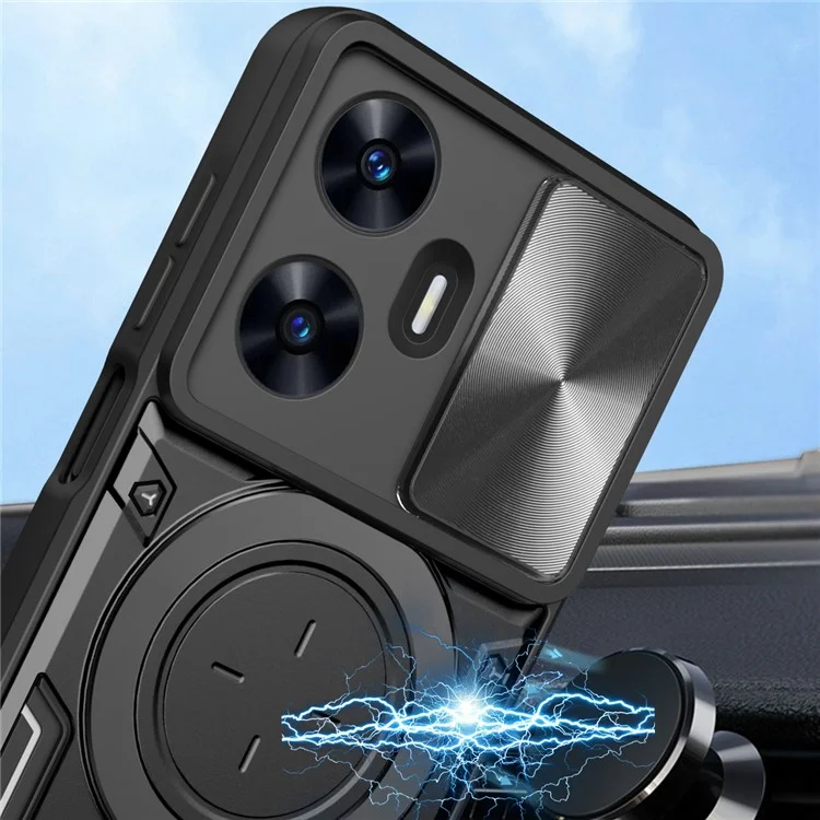 Для Realme C55 4G PC+TPU Kickstand Cover Slide Camera Window Protection Phone Case - Черный