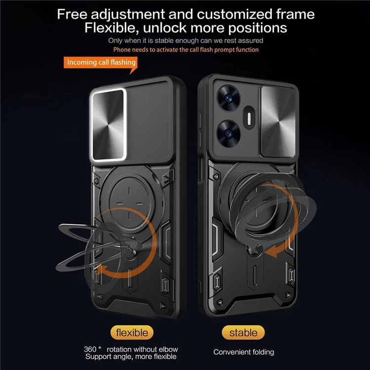 Для Realme C55 4G PC+TPU Kickstand Cover Slide Camera Window Protection Phone Case - Черный