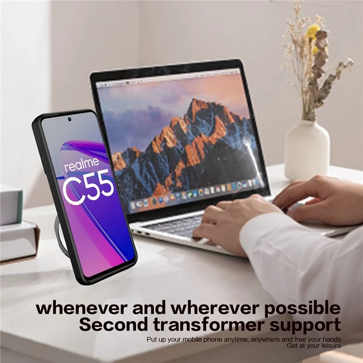 Для Realme C55 4G PC+TPU Kickstand Cover Slide Camera Window Protection Phone Case - Черный