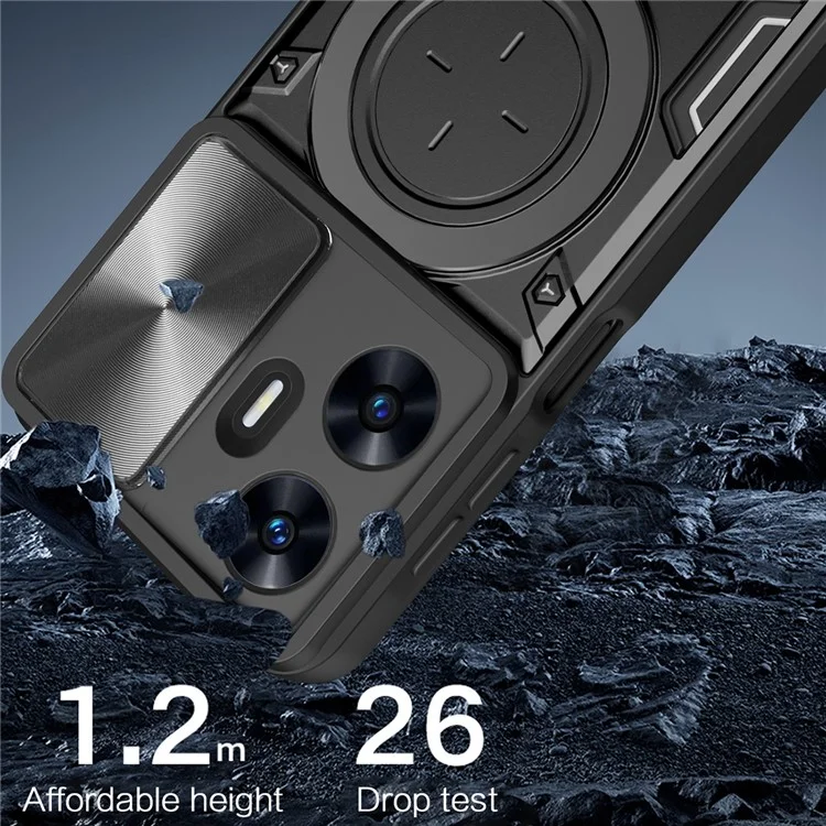Для Realme C55 4G PC+TPU Kickstand Cover Slide Camera Window Protection Phone Case - Черный