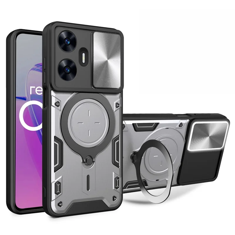 For Realme C55 4G PC+TPU Kickstand Cover Slide Camera Window Protection Phone Case - Silver