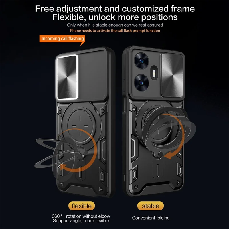 For Realme C55 4G PC+TPU Kickstand Cover Slide Camera Window Protection Phone Case - Silver