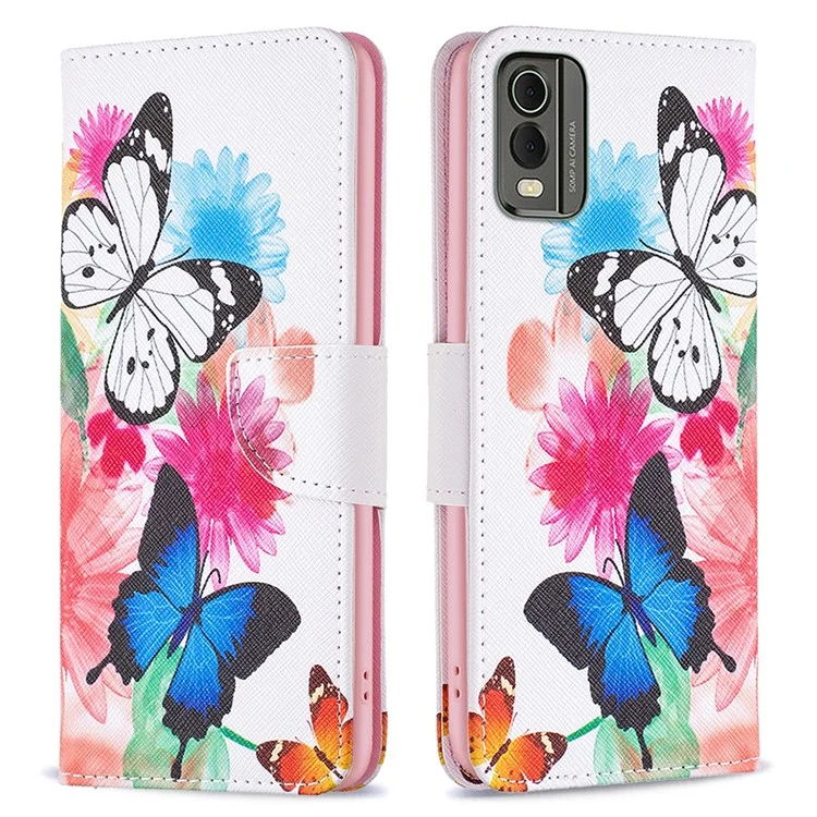 For Nokia C32 Pattern Printing Phone Case PU Leather Stand Wallet Flip Cover - Two Butterflies